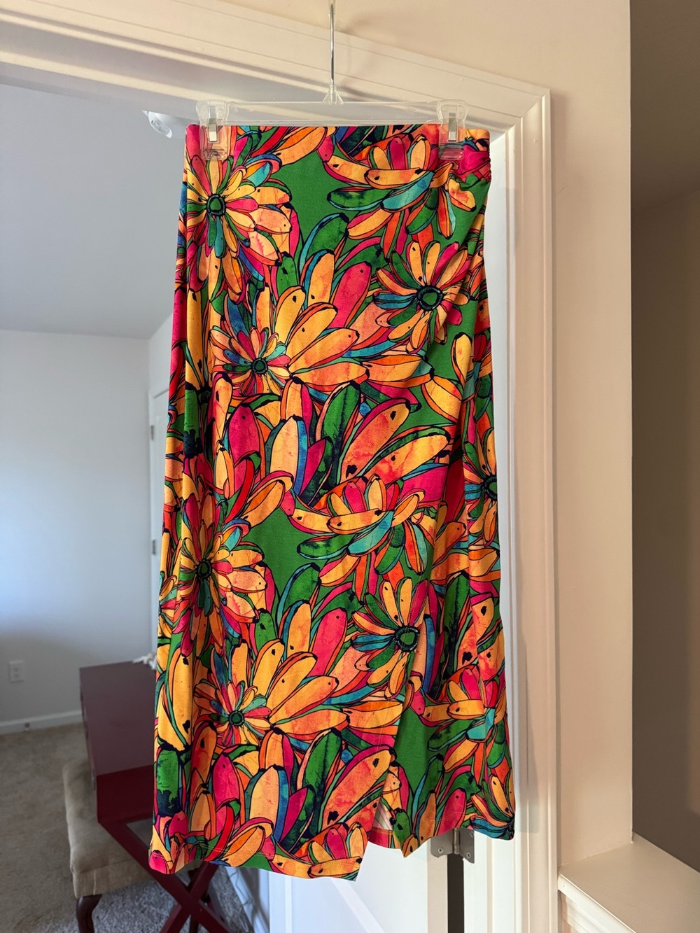 FARM RIO Vibrant Floral Midi Skirt in Green, Pink & Orange w/ Small Side Slit